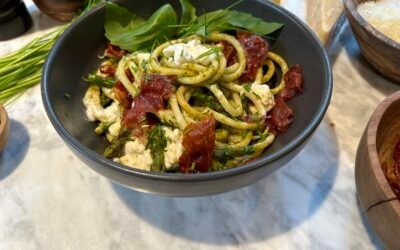 Spring Pasta with Crispy Prosciutto, Spicy Pesto, and Fresh Asparagus