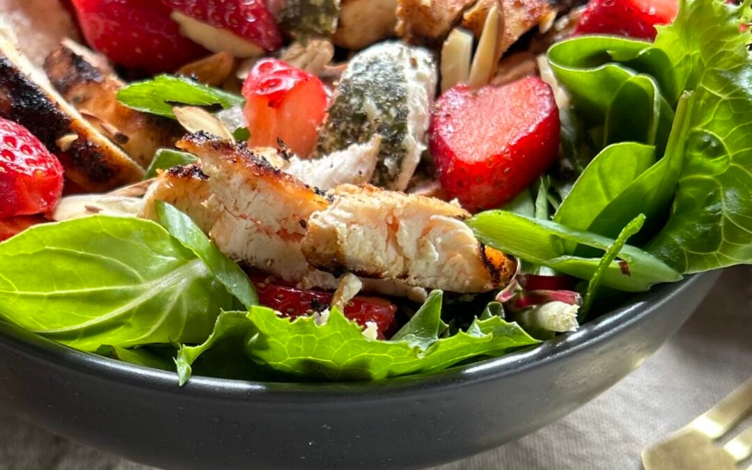 Irresistible Spring and Summer Grilled Chicken Salad with Strawberries, Goat Cheese, and Almonds